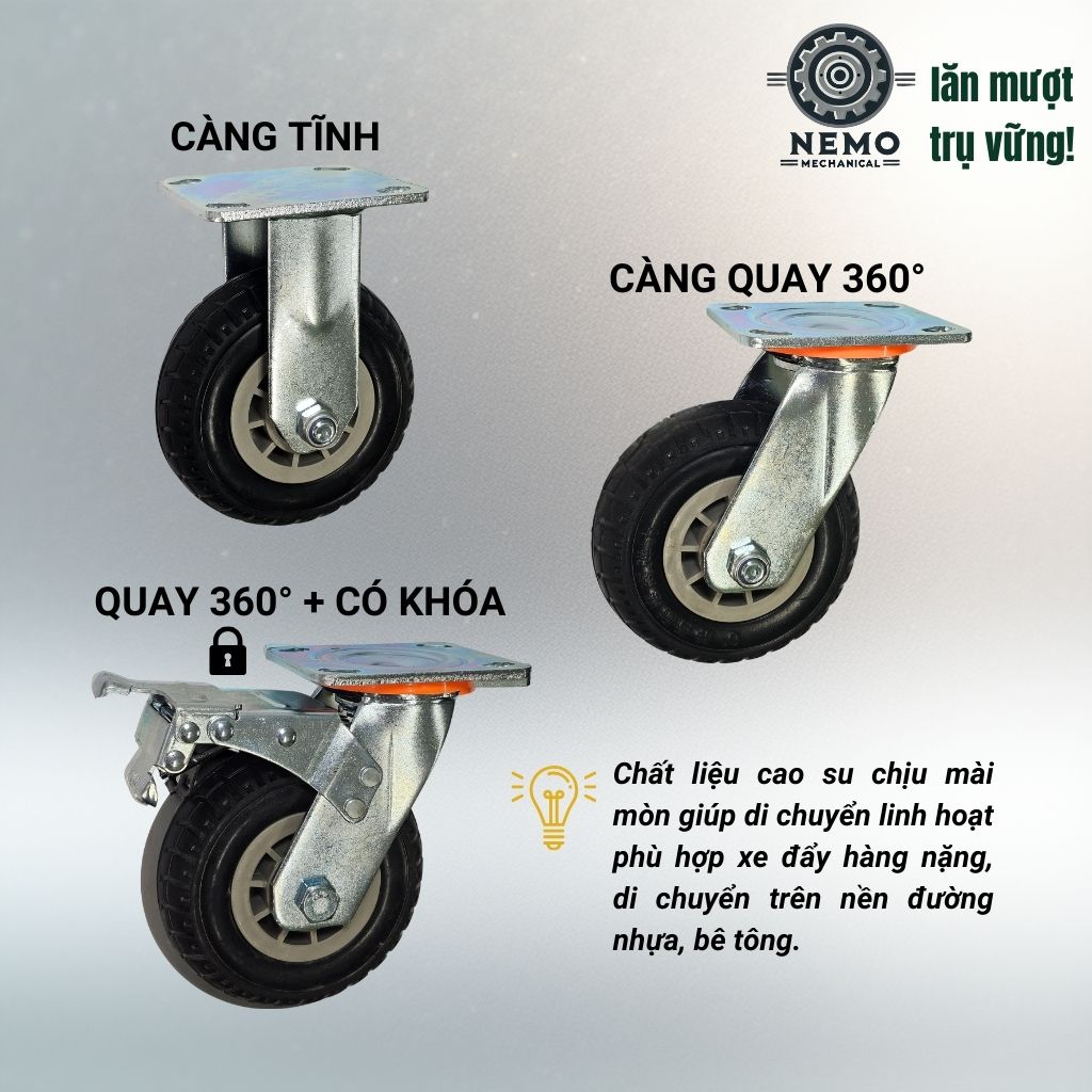 Bánh Xe Cao Su Đặc D150 Chịu Mài Mòn – Càng Dày 5.5mm, Chuyên Dụng Đường Nhựa & Bê Tông